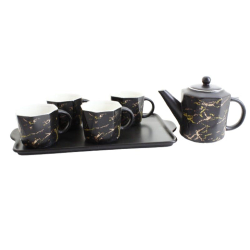 Elegant Cup and Saucer Set Black with Gold Marble Finish PSK030