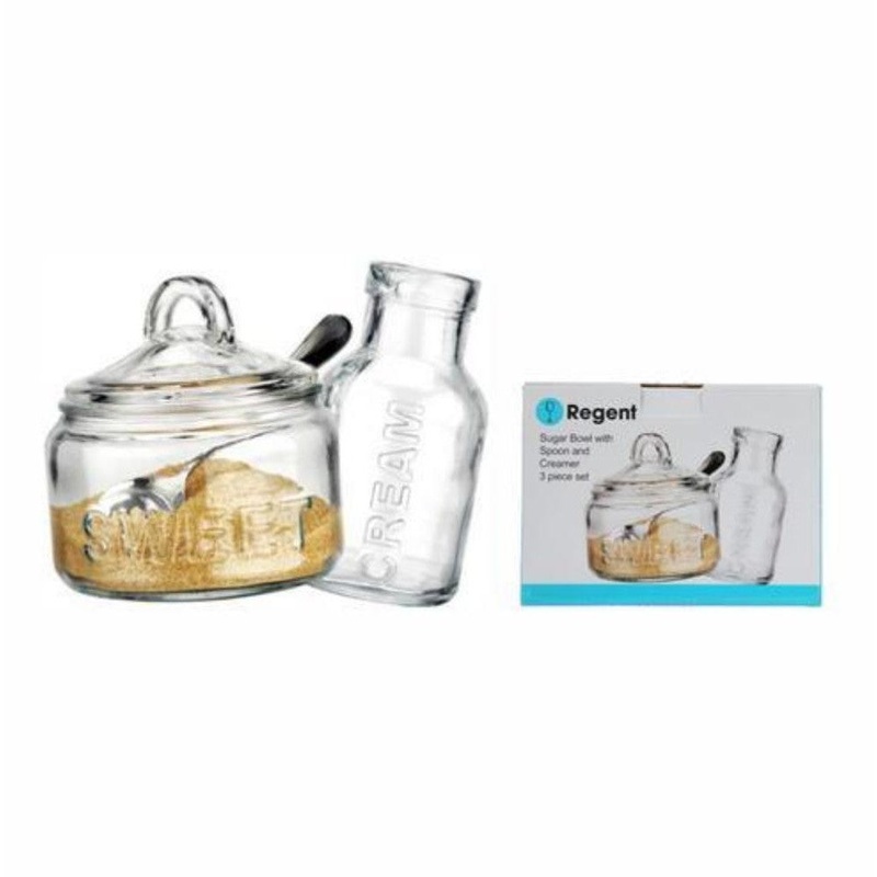 Regent Glass Sugar Bowl 540ml & Creamer 340ml with Spoon 3pc Set 75087