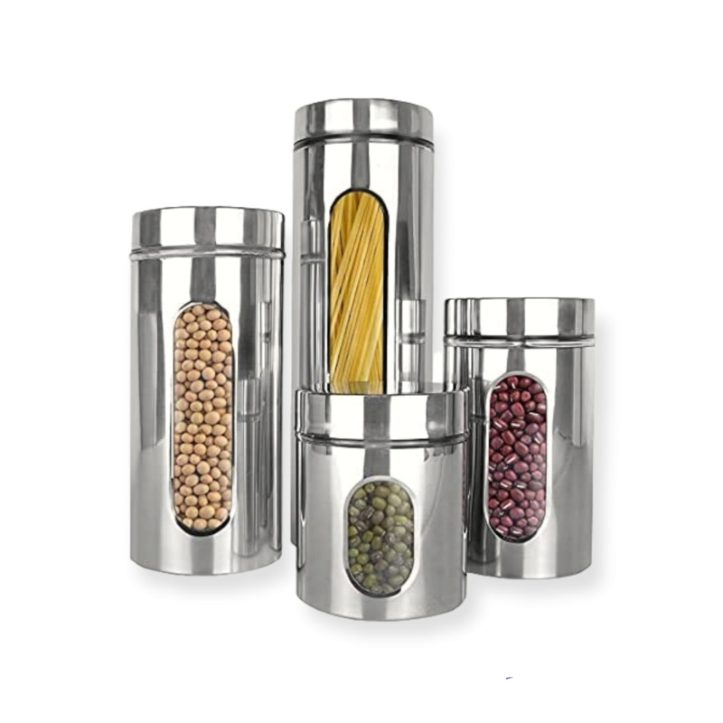Totally Home Decadent 4 Piece Glass Canister Set with Stainless Steel Finish and Long Bar Windows