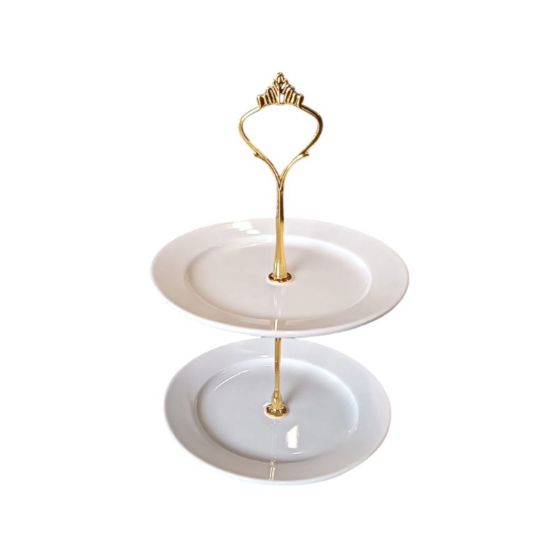 White Ceramic Cake Stand 2-Tier Stand with Gold Handle