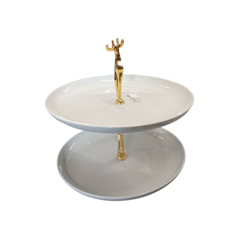 White Ceramic Cake Stand 2 Tier with Gold Handle 28x25cm