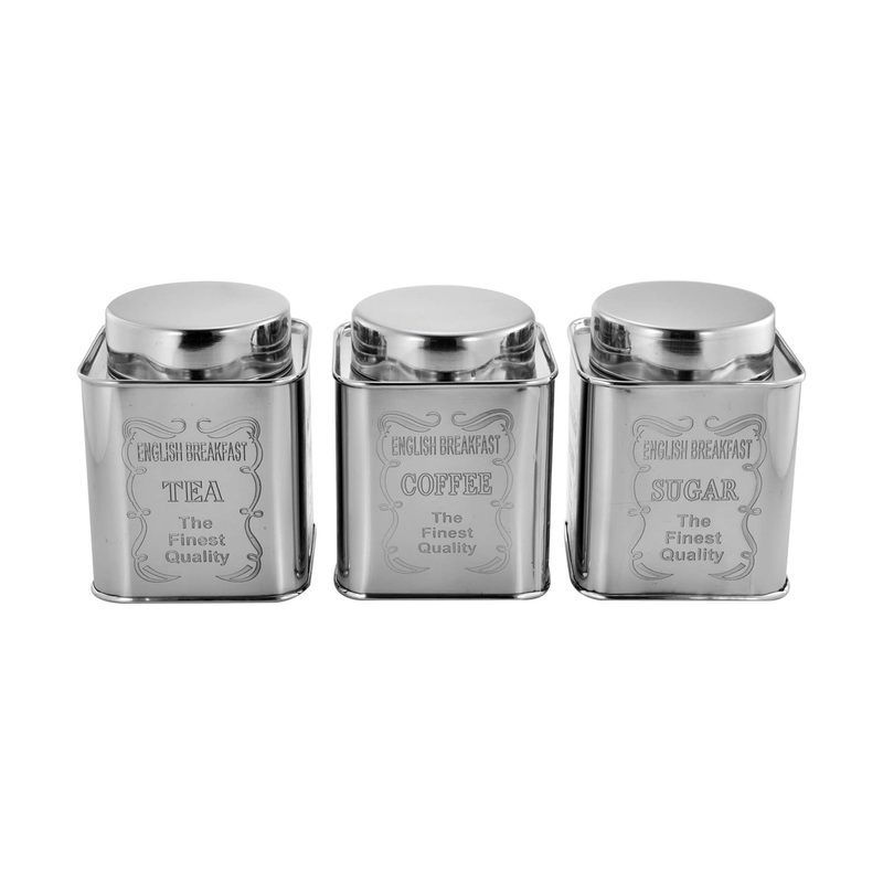 Vintage Canister Set Tea Coffee Sugar Square Jars with S/S Lid 3pc