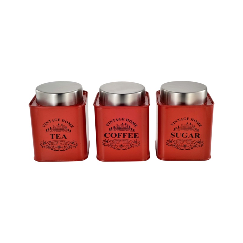 Vintage Tin Canister Set Tea-Coffee-Sugar Red Square Jar with Stainless Steel Lid 3pc