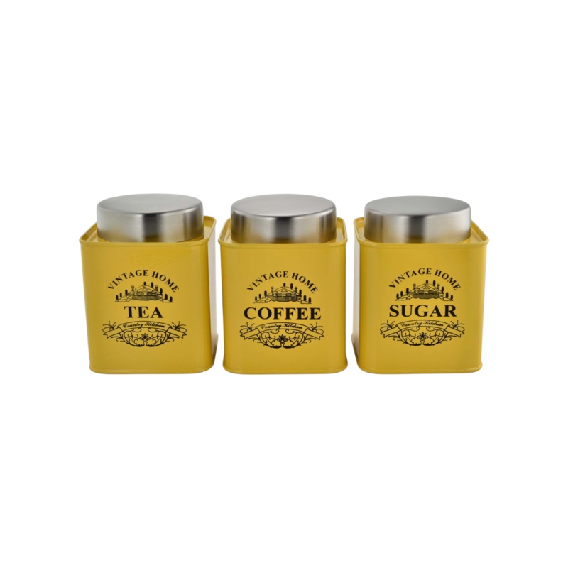 Vintage Tin Canister Set Tea-Coffee-Sugar Yellow Square Jar with S/S Lid 3pc