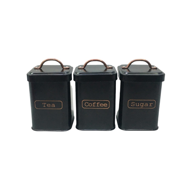 Vintage Tin Canister Square Tea Coffee Sugar Black with Bronze Handle 11x11x16.50cm