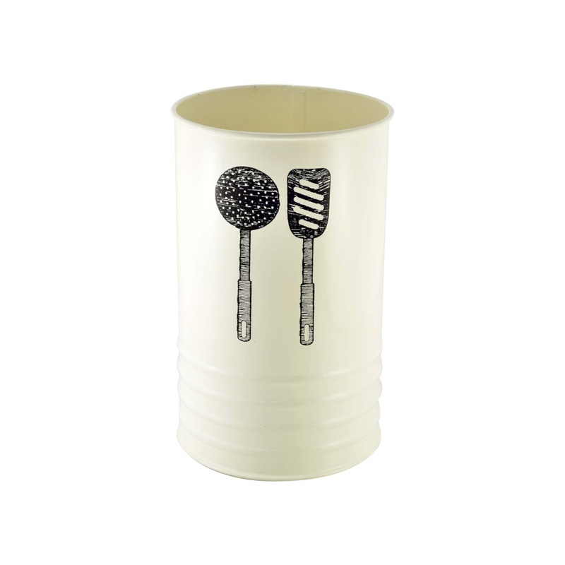 Vintage Utensil Tin Holder Round Cream with Print 17.5cm