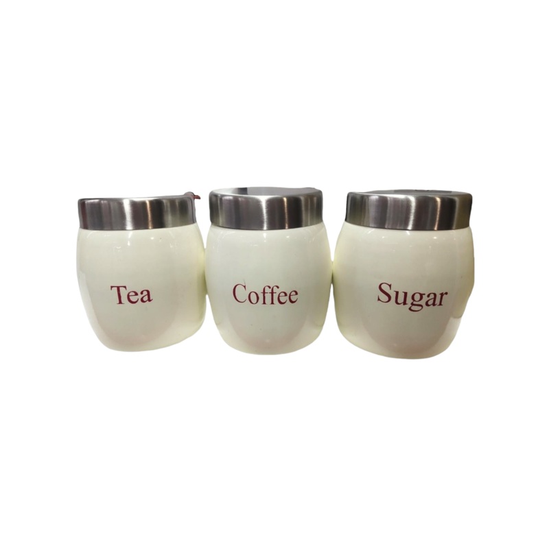 Vintage Tin Canister Set Tea-Coffee-Sugar Barrel Shaped Jar Cream with S/S Lid 3pc