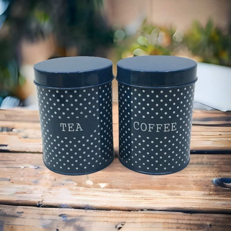 Vintage Tin Canister Blue Polka Dot Each 10×13.5cm