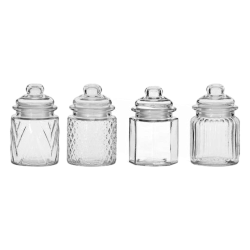 Regent Mini Glass Canisters 300ml Assorted Desgin 130x75mm 4pack 50813