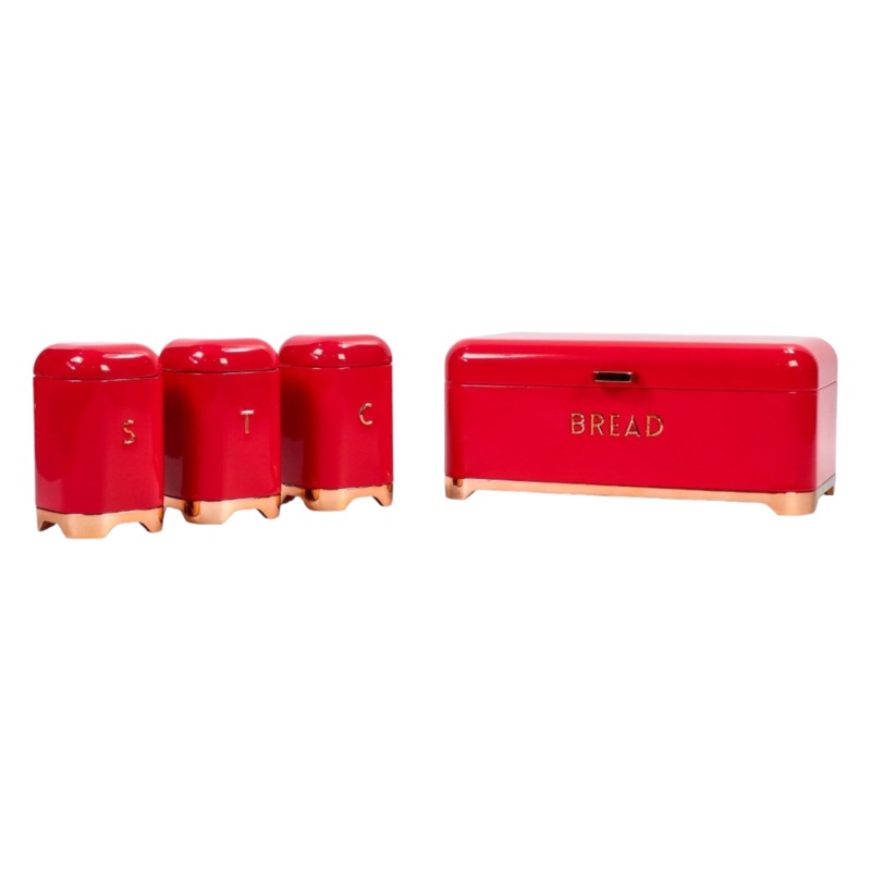 Retro Vintage Bread Bin Coffee Sugar Tea Tin Set Red Rose Gold