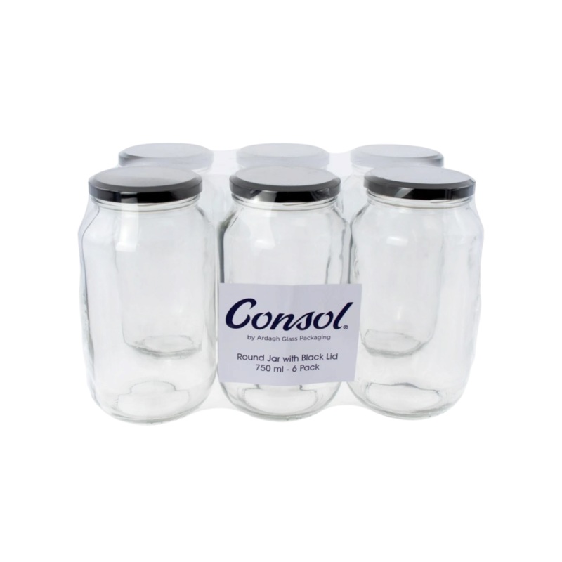 Consol Round Jar with Black Lid 6Pack 750ml