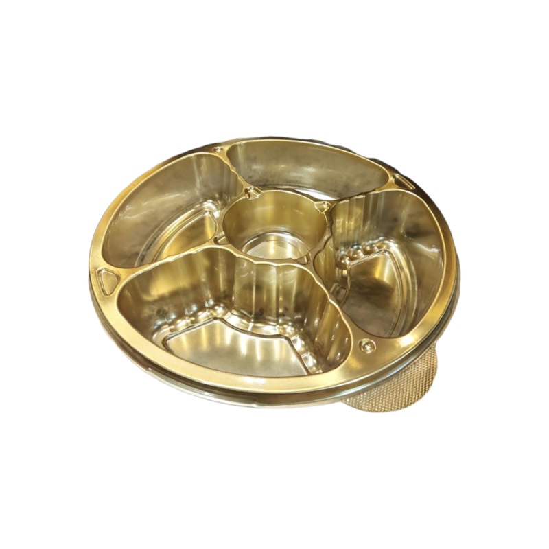 Disposable Serving To Go Platter 5-Division Tray Gold 25×6.3cm with Lid Small