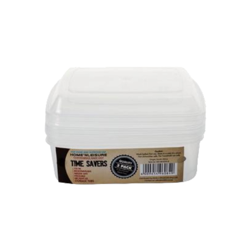 Time Savers Clear Plastic Storage Containers 750ml Rectangular 3pack