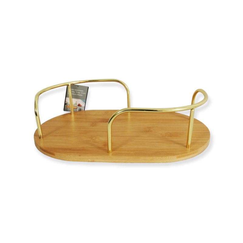 Wood Tray 1-Tier Gold Plate Handle Oval 10726