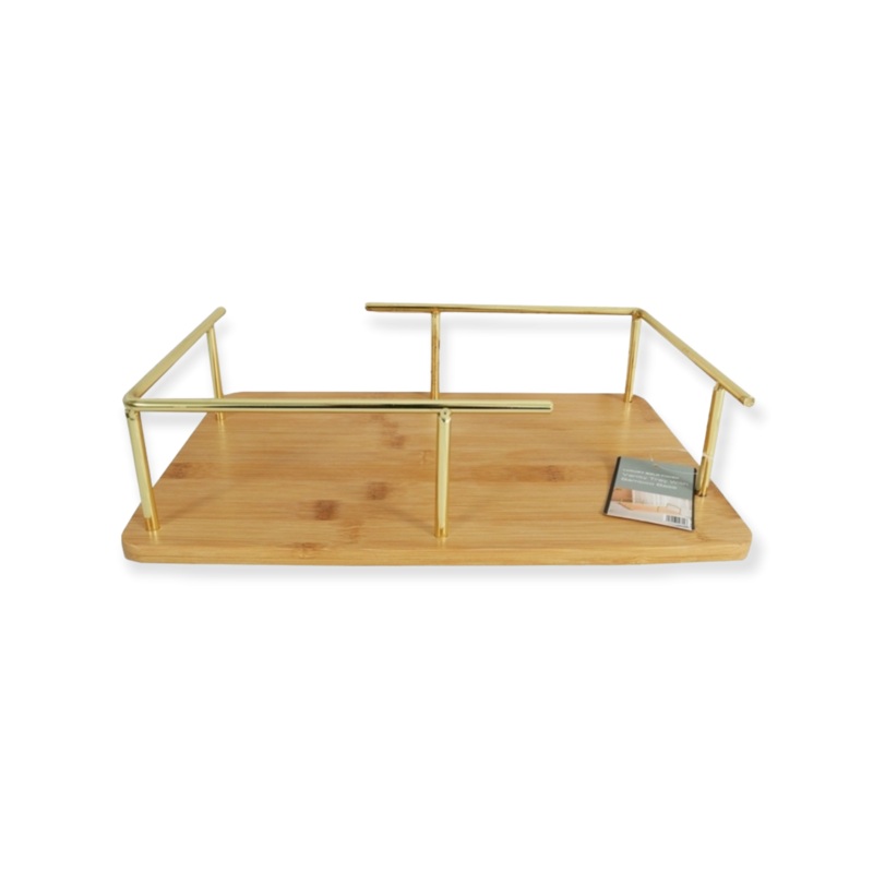 Wood Tray 1 Tier Gold Plate Handle Rectangle 10724