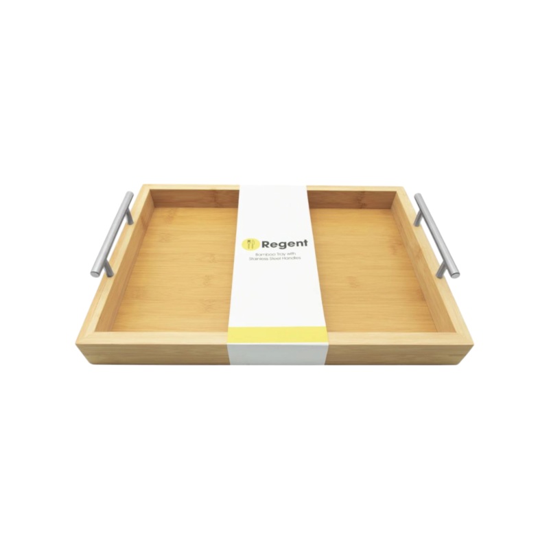 Regent Bamboo Rectangular Tray with Stainless Steel Handle 395x285x73mm