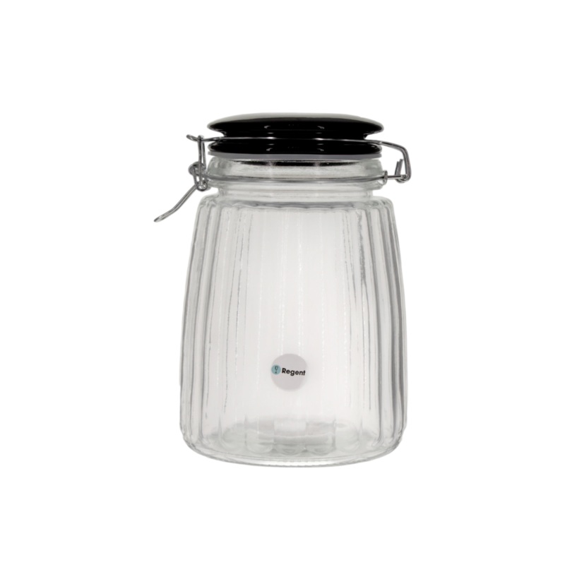 Regent Ribbed Hermetic Glass Canister 1.3L with Black Ceramic Lid & Metal Clip