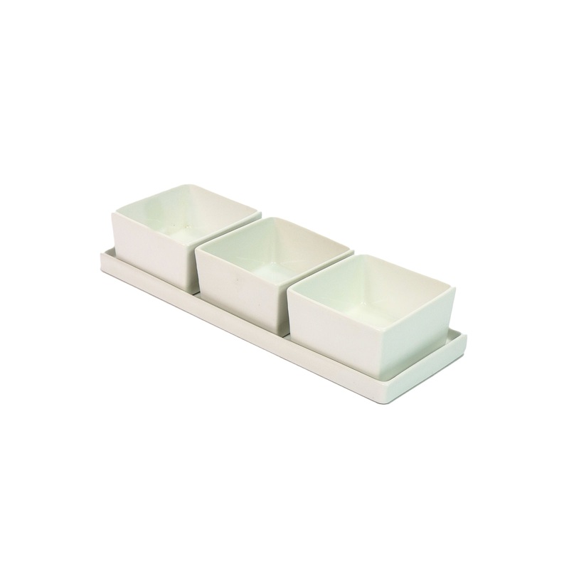 Condiment 3-Bowl Set Ceramic Square  with Small Tray INMIX10845