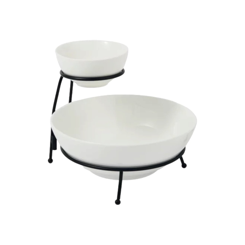 Chip & Dip 2-Tier Ceramic White Round Bowl  with holder 4.5inch & 9Inch