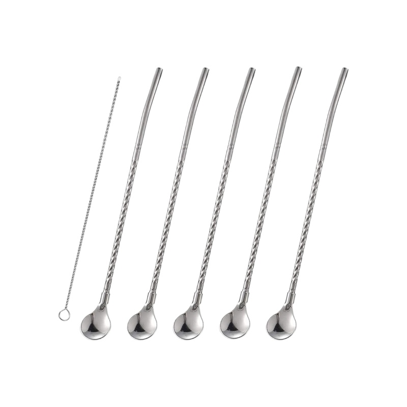 Spiral Soda Straw Spoons Stainless Steel with Brush 22.5cm 7pc Set