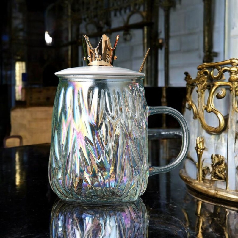 Borosilicate Glass Mug with Crown Lid & Spoon 450ml