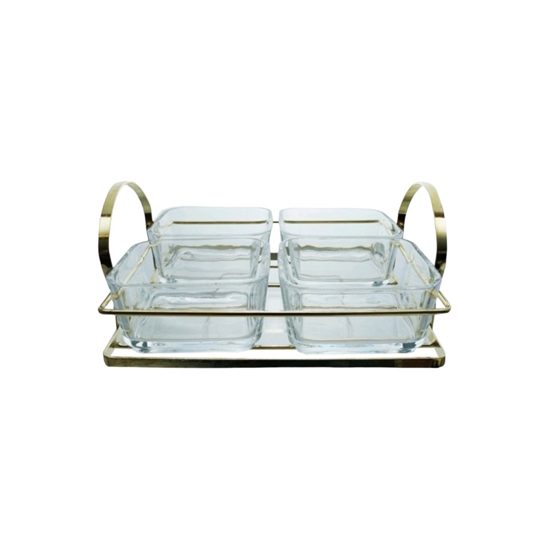 Aqua 4 Piece Glass Snack Bowl Set 250ml with Gold Serving Tray 27602
