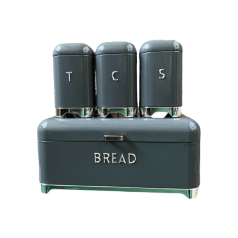 Retro Vintage Bread Bin with 3pc Canister Set GreyCH725
