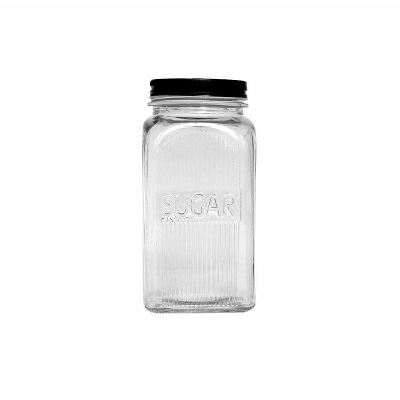 Regent Glass Canister Jar 2L  Ribbed Square Sugar Canister with Black Lid 11172