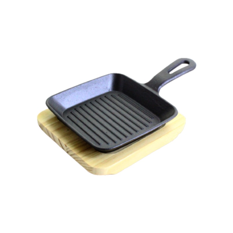 Cast Iron Square Skillet Sizzler Pan 13x13cm Rectangular Wave Platter Grill Fryer with Wooden Board XK1015