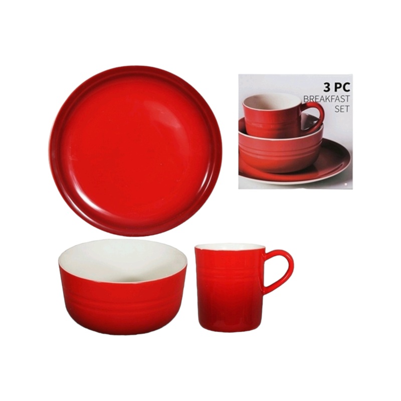 Ceramic Breakfast Set Red 3pcs Dinner Plate Bowl Mug 30504