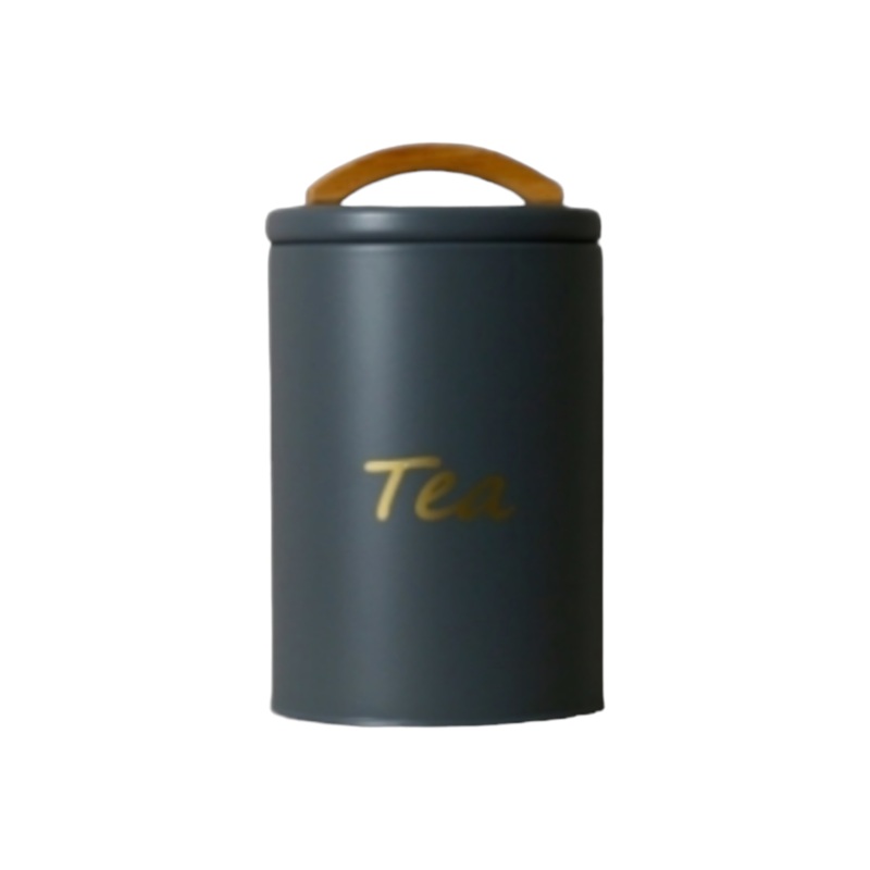 Aqua Tea Tin Canister Grey with Rubber Wood Handle 29904