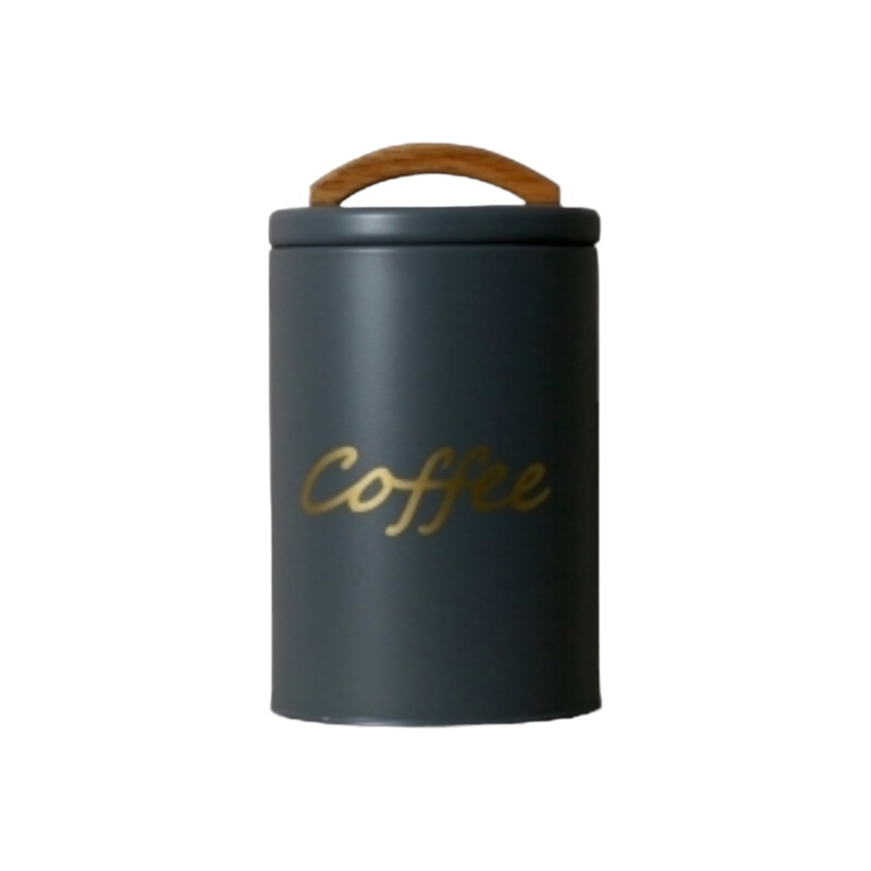 Aqua Tin Coffee Canister Grey with Rubber Wood Handle 29905
