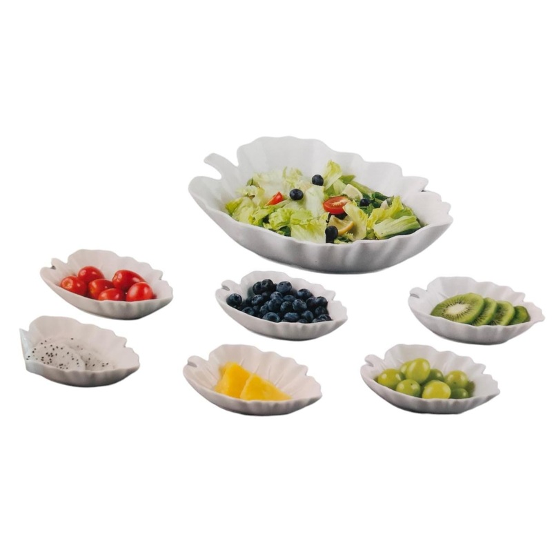 Ceramic White Leaf Bowl Serving Set 7pc