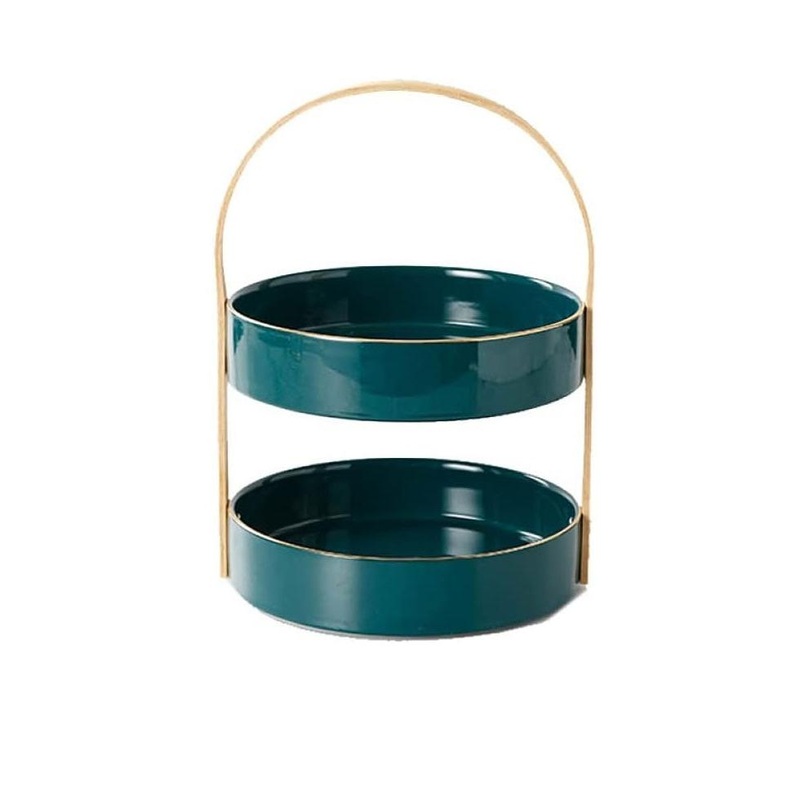 2-Tier Cake Fruit Stand Marble Green Oval Bowl Set with Natural Bamboo Frame