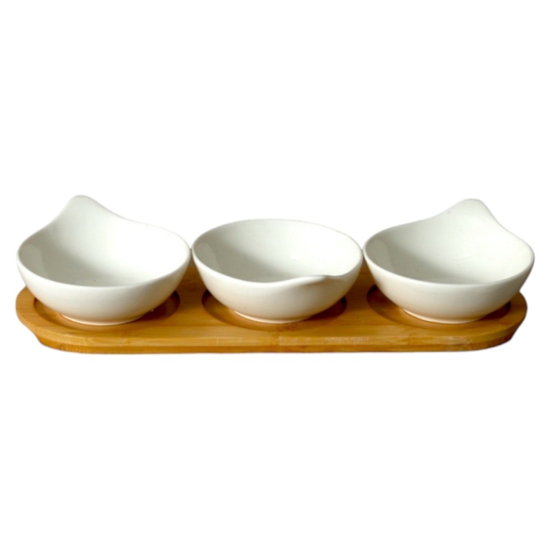 Cera Sauce Dip Bowl 3pc White  with Wooden Base Stand 28x9cm