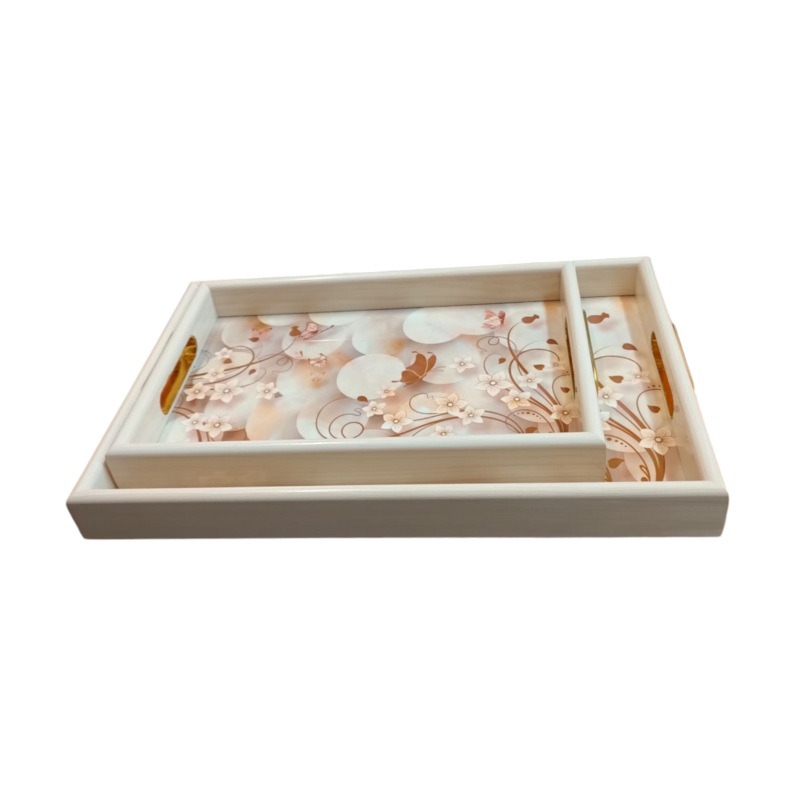 Rectangular Cream Acrylic Tray with Flower Design