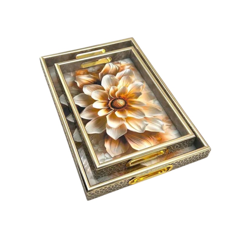 Rectangular Decorative Wooden Gold Marble Tray Flower Design