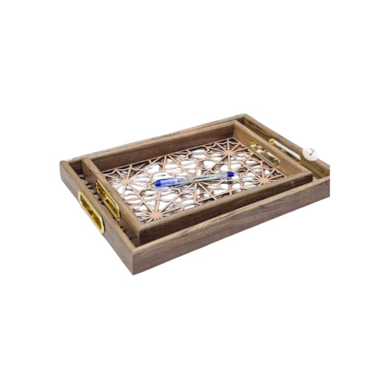 Rectangular Decorative Wooden Tray with Gold Handles