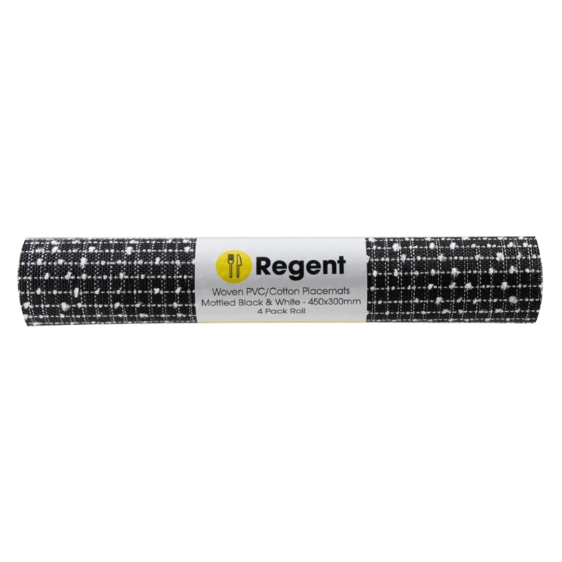 Regent Place mats PVC with Cotton Weave Mottled Black and White Pack Roll