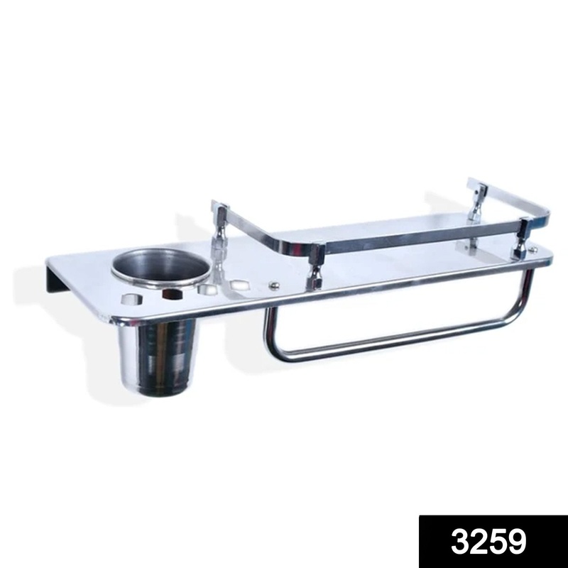 3259 Stainless Steel 3 in 1 Multipurpose Bathroom Shelf Rack Towel Rod Tumbler Holder with Brush Hanger Bathroom Accessories