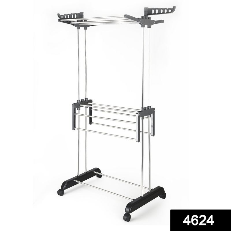 4624 Portable 2 Tier Stainless Steel and Plastic Cloth Drying Stand with Double Pole