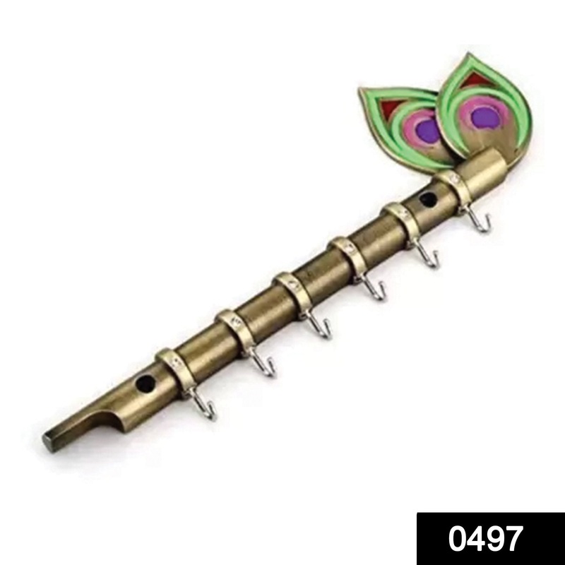 0497 Brass Flute and Peacock Key Holder Wall Hanging