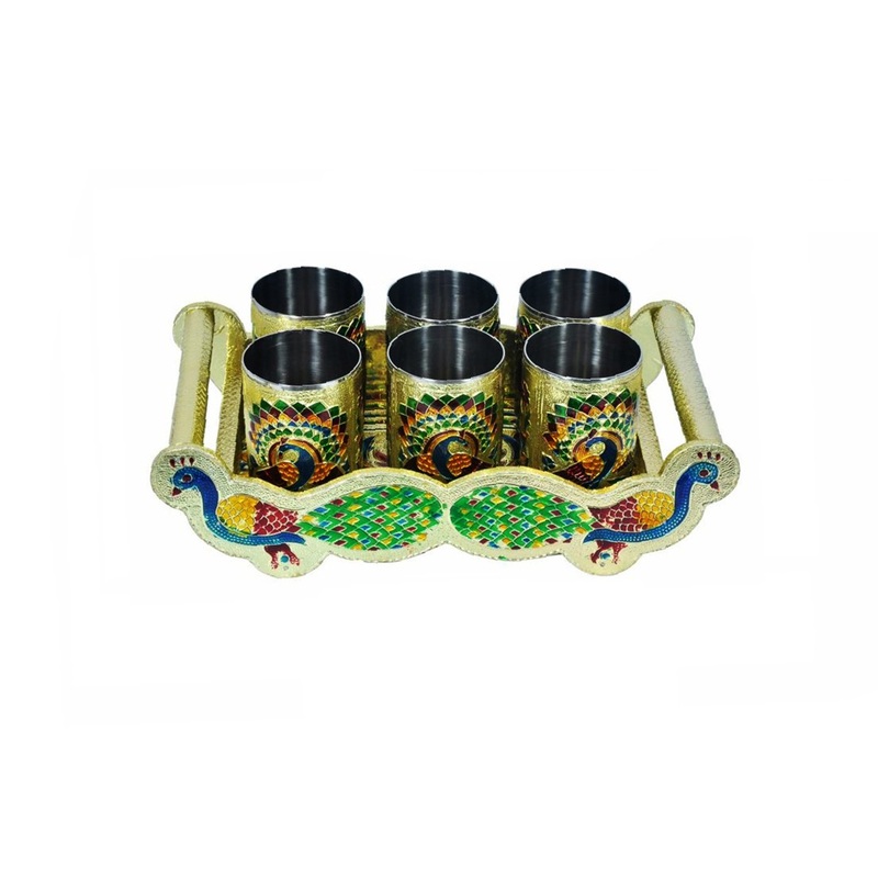 2125 Peacock Design Glass with Handle and Handicraft Serving Tray Set