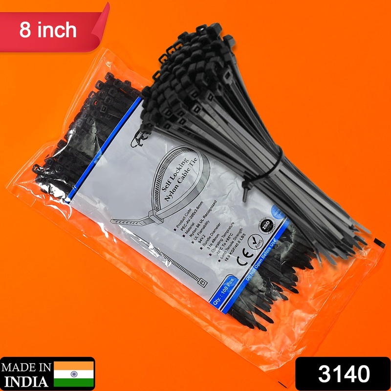 3140 8Inch Nylon Self Locking Cable Ties, Heavy Duty Strong Zip Wire Tie. Pack of 100 – Black.