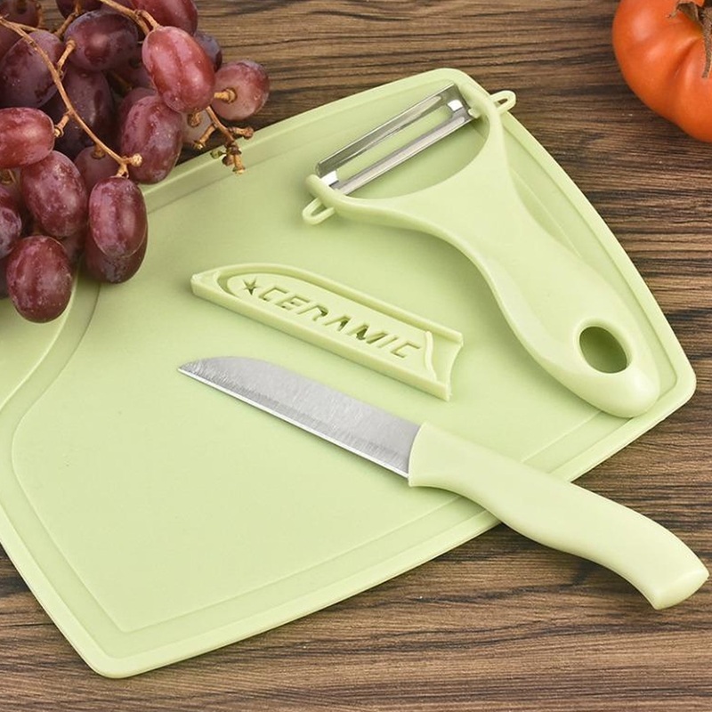 5207 Plastic Kitchen Peeler – Green & Classic Stainless Steel 3-Piece Knife Set Combo