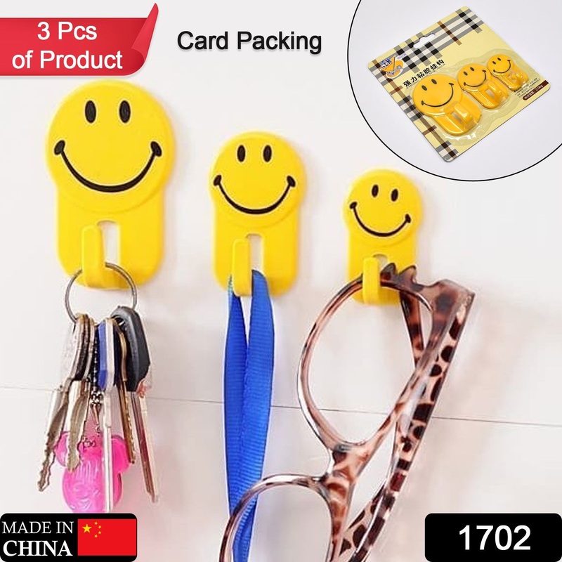 1702 3Pcs Self Adhesive Multipurpose Smiley Hooks For home Use