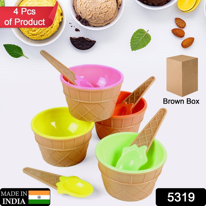 5319  Ice-Cream Waffle Spoon Bowel Cup Set | Premium ice Cream Set | Ice-Cream Bowel with Spoon | 4 units Couple Bowl Set | Brown Box