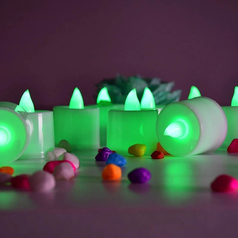 6635a GREEN FLAMELESS LED TEALIGHTS, SMOKELESS PLASTIC DECORATIVE CANDLES – LED TEA LIGHT CANDLE FOR HOME DECORATION (PACK OF 8)