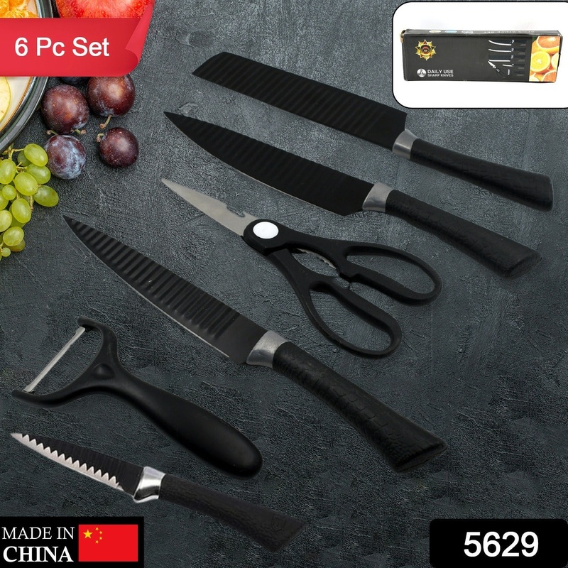 5629 6 Pieces Professional Kitchen Knife Set, Meat Knife, Chef’s Knife with Non-Slip Handle for Home, Kitchen and Restaurant with Chef Peeler and Scissor (Stainless Steel / 6 Pcs Set)