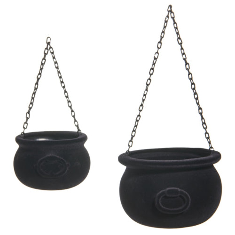 BLACK FLOCKED CAULDRON DECORATION